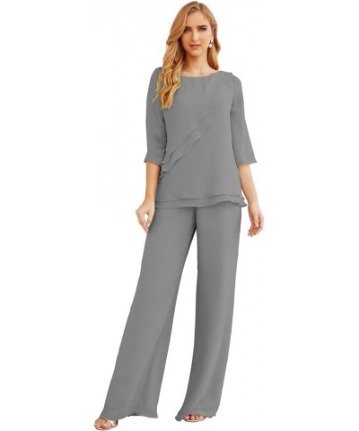 Chiffon Mother of The Bride Dress Plus Size Pant Suits Ruffle Layers Steel Gray $37.50 Suits