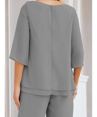 Chiffon Mother of The Bride Dress Plus Size Pant Suits Ruffle Layers Steel Gray $37.50 Suits