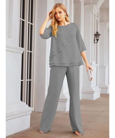 Chiffon Mother of The Bride Dress Plus Size Pant Suits Ruffle Layers Steel Gray $37.50 Suits