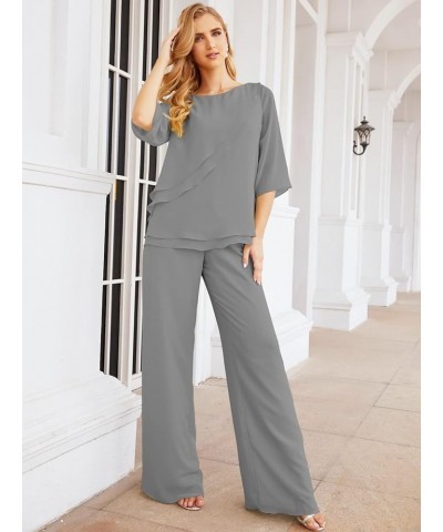 Chiffon Mother of The Bride Dress Plus Size Pant Suits Ruffle Layers Steel Gray $37.50 Suits