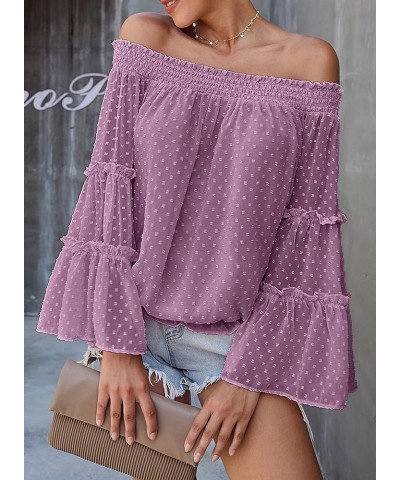 Women's 2024 Spring Summer Off The Shoulder Tops Cute Swiss Dot 3/4 Bell Sleeves Casual Ruffle Chiffon Blouse Purple $11.14 B...