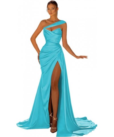 Women's One Shoulder Prom Dresses Long Satin Ball Gown High Slit Mermaid Corset Wedding Guest Formal Evening Dress Turquoise ...