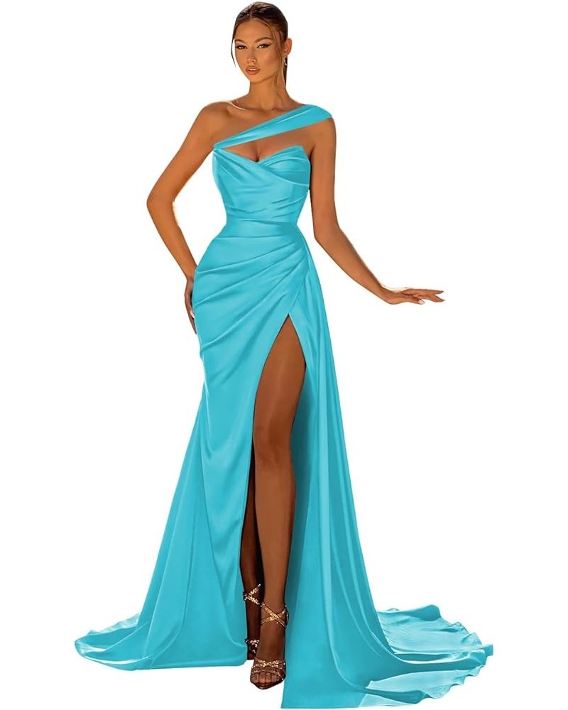 Women's One Shoulder Prom Dresses Long Satin Ball Gown High Slit Mermaid Corset Wedding Guest Formal Evening Dress Turquoise ...