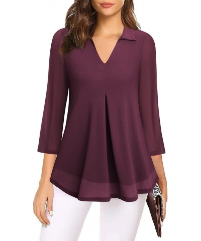 Womens 3/4 Sleeve Mesh Blouses Double Layers Tops Casual V Neck Floral Shirts Wine $10.56 Tops