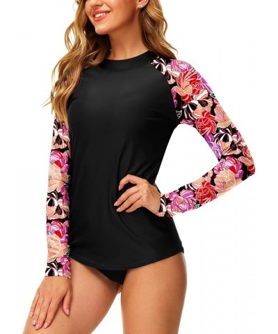 Women Rash Guard UPF 50+ UV Swim Shirt with Thumb Hole High Collar | Floral Black Pink $16.49 Swimsuits