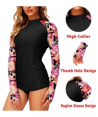 Women Rash Guard UPF 50+ UV Swim Shirt with Thumb Hole High Collar | Floral Black Pink $16.49 Swimsuits