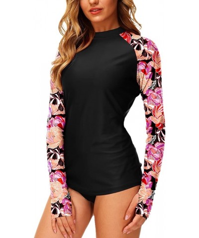 Women Rash Guard UPF 50+ UV Swim Shirt with Thumb Hole High Collar | Floral Black Pink $16.49 Swimsuits