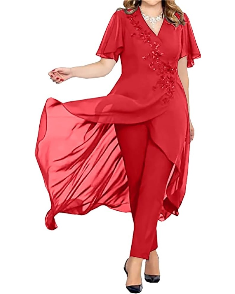 Women's Chiffon 2 Pieces Mother of The Bride Pant Suits for Wedding V Neck Mother of The Groom Dresses MIS17 Red $27.20 Suits