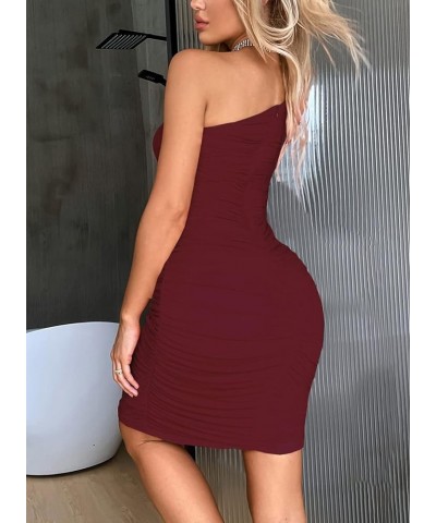 Women's One Shoulder Summer Sleeveless Mesh Ruched Club Dresses Sexy Bodycon Cocktail Party Dress 865 Burgundy $16.45 Dresses