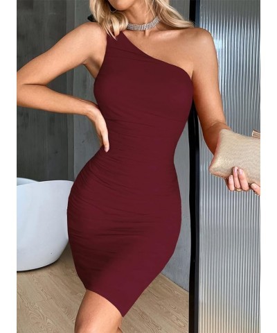 Women's One Shoulder Summer Sleeveless Mesh Ruched Club Dresses Sexy Bodycon Cocktail Party Dress 865 Burgundy $16.45 Dresses