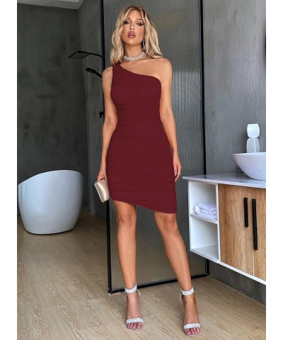 Women's One Shoulder Summer Sleeveless Mesh Ruched Club Dresses Sexy Bodycon Cocktail Party Dress 865 Burgundy $16.45 Dresses