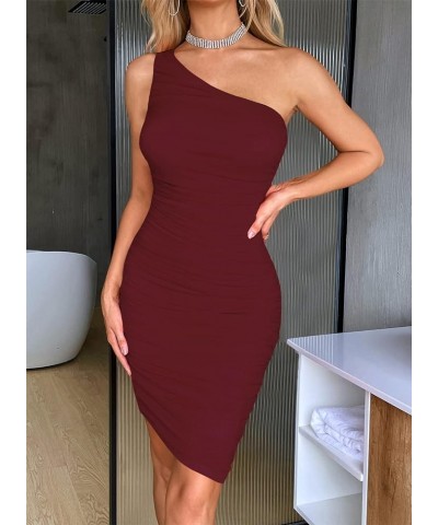 Women's One Shoulder Summer Sleeveless Mesh Ruched Club Dresses Sexy Bodycon Cocktail Party Dress 865 Burgundy $16.45 Dresses