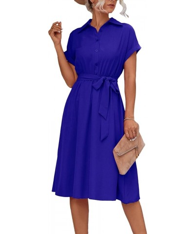 Women's Collar Neck Button Down Tie Waist Short Sleeve A Line Midi Shirt Dress Royal Blue $21.60 Dresses