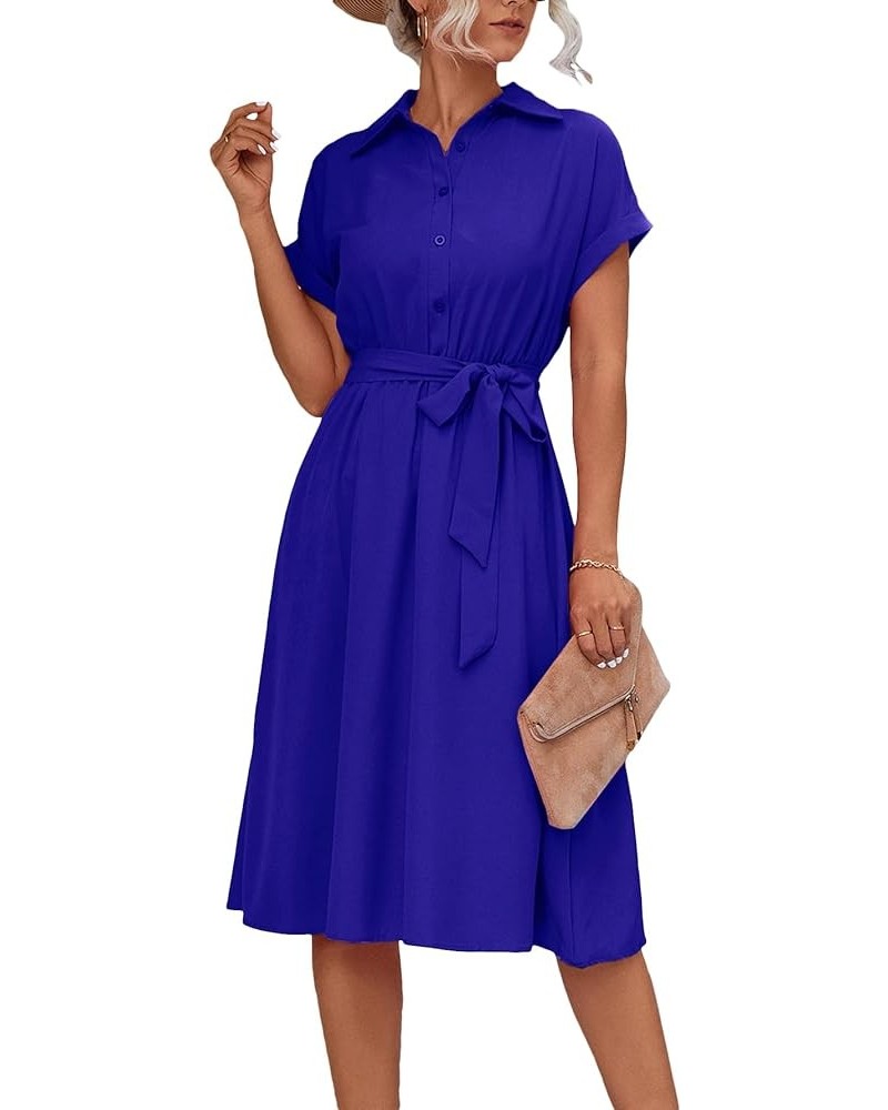 Women's Collar Neck Button Down Tie Waist Short Sleeve A Line Midi Shirt Dress Royal Blue $21.60 Dresses