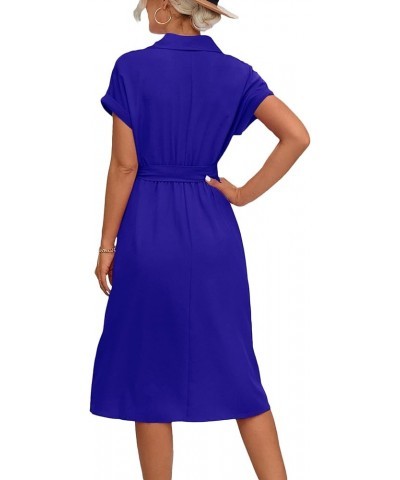 Women's Collar Neck Button Down Tie Waist Short Sleeve A Line Midi Shirt Dress Royal Blue $21.60 Dresses