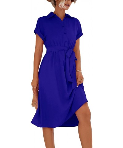 Women's Collar Neck Button Down Tie Waist Short Sleeve A Line Midi Shirt Dress Royal Blue $21.60 Dresses