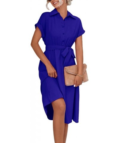 Women's Collar Neck Button Down Tie Waist Short Sleeve A Line Midi Shirt Dress Royal Blue $21.60 Dresses