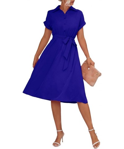 Women's Collar Neck Button Down Tie Waist Short Sleeve A Line Midi Shirt Dress Royal Blue $21.60 Dresses