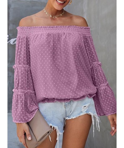 Women's 2024 Spring Summer Off The Shoulder Tops Cute Swiss Dot 3/4 Bell Sleeves Casual Ruffle Chiffon Blouse Purple $11.14 B...