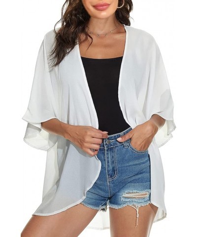 Women's Holiday Beach Floral Puff Sleeve Kimono Cardigan Lightweight Loose Cover Up Casual Blouse Tops White $15.36 Sweaters