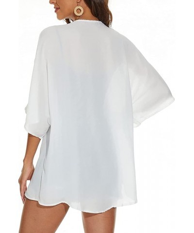 Women's Holiday Beach Floral Puff Sleeve Kimono Cardigan Lightweight Loose Cover Up Casual Blouse Tops White $15.36 Sweaters