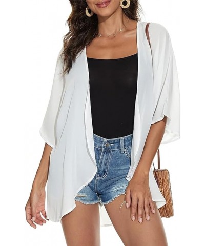 Women's Holiday Beach Floral Puff Sleeve Kimono Cardigan Lightweight Loose Cover Up Casual Blouse Tops White $15.36 Sweaters