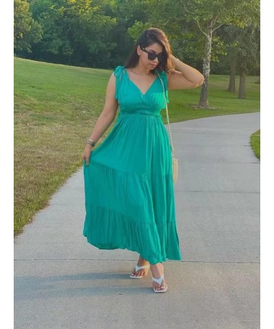 Women's Summer V Neck Tie Strap Maxi Dress Halter Ruffle Hem Long Dresses Spaghetti Strap Long Flowy Dresses 5-green $19.24 D...