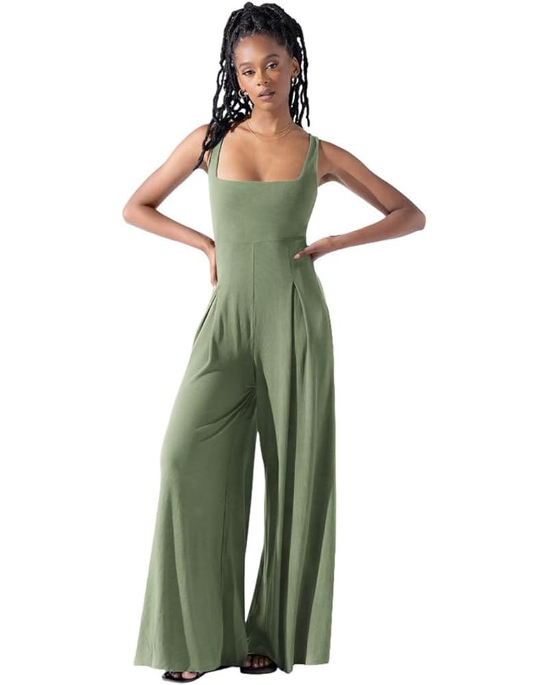 Womens Casual Square Neck Loose Overalls Jumpsuits One Piece Sleeveless Wide Leg Long Pant Rompers Green $18.04 Jumpsuits