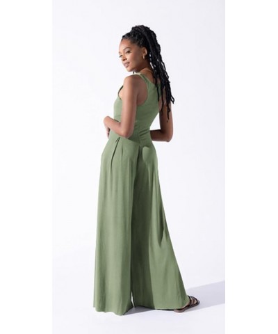 Womens Casual Square Neck Loose Overalls Jumpsuits One Piece Sleeveless Wide Leg Long Pant Rompers Green $18.04 Jumpsuits