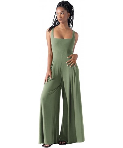 Womens Casual Square Neck Loose Overalls Jumpsuits One Piece Sleeveless Wide Leg Long Pant Rompers Green $18.04 Jumpsuits