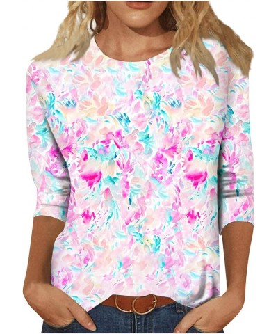 Womens Tops 3/4 Sleeve Shirts Loose Casual Round Neck Blouses Print Tshirts 06-pink $8.66 Tops