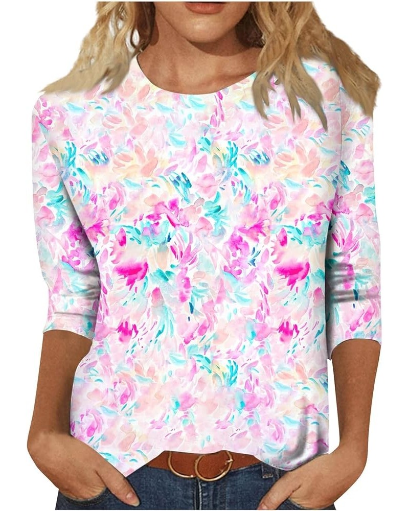 Womens Tops 3/4 Sleeve Shirts Loose Casual Round Neck Blouses Print Tshirts 06-pink $8.66 Tops