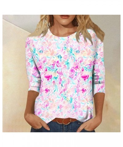 Womens Tops 3/4 Sleeve Shirts Loose Casual Round Neck Blouses Print Tshirts 06-pink $8.66 Tops