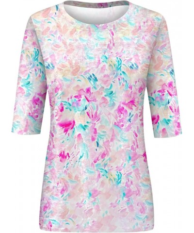 Womens Tops 3/4 Sleeve Shirts Loose Casual Round Neck Blouses Print Tshirts 06-pink $8.66 Tops