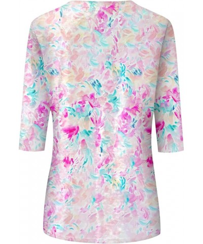 Womens Tops 3/4 Sleeve Shirts Loose Casual Round Neck Blouses Print Tshirts 06-pink $8.66 Tops