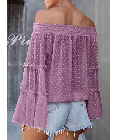 Women's 2024 Spring Summer Off The Shoulder Tops Cute Swiss Dot 3/4 Bell Sleeves Casual Ruffle Chiffon Blouse Purple $11.14 B...