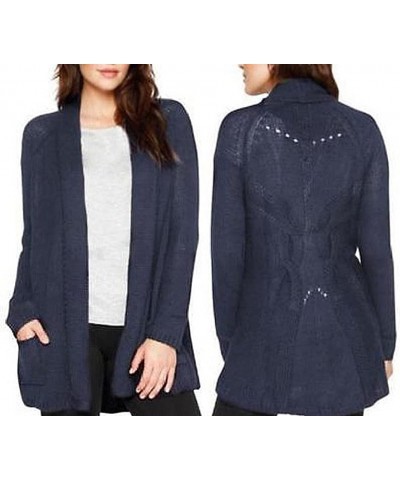 Women's Wool Blend Crochet Open Front Cardigan Sweater Navy $17.86 Sweaters