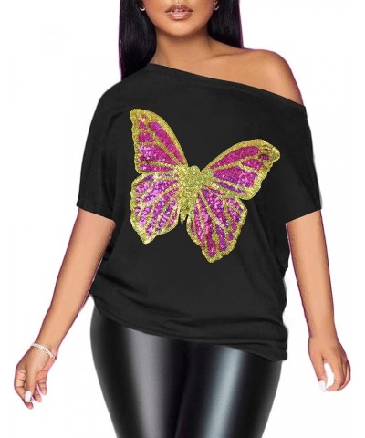 Womens Off The Shoulder Tops Sexy Shiny Shirts Short Sleeves Funny Graphic T-Shirt Blouses Black+ Sequin Butterfly $12.50 Blo...