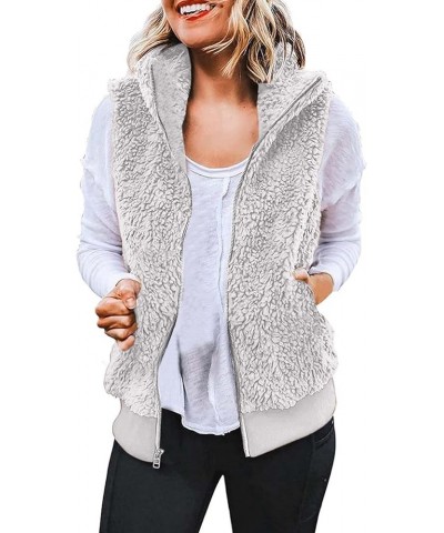 Women's Hooded Vest Plush Zip-Up Fleece Jacket Plus Size Casual Solid Color Sweatshirt Fuzzy Warm Jackets Za-grey $11.44 Vests