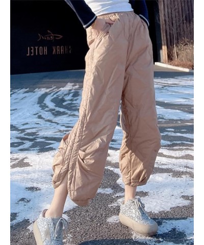 Womens Cropped Quilted Padded Pants Elastic Waist Side Slit Capris Winter Warm Down Pants Camel $17.55 Pants