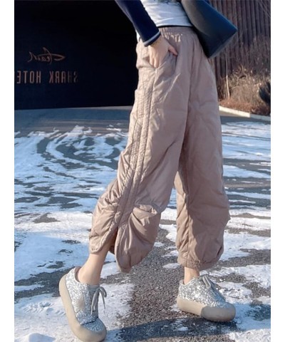 Womens Cropped Quilted Padded Pants Elastic Waist Side Slit Capris Winter Warm Down Pants Camel $17.55 Pants