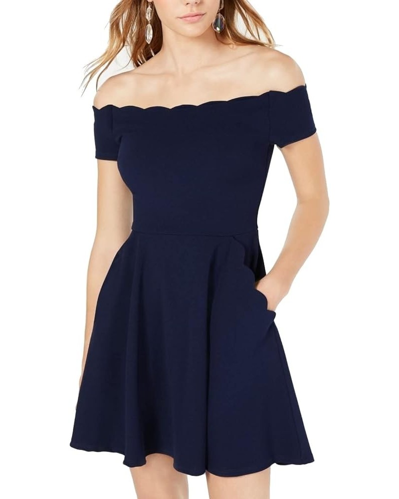 B Darlin Womens Pocketed Zippered Scalloped Short Sleeve Off Shoulder Short Party Fit + Flare Dress Navy $9.26 Dresses