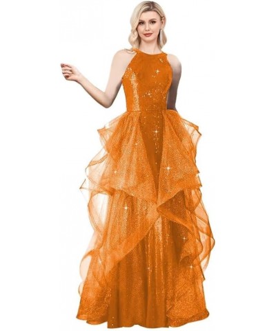 Halter Sequin Prom Dresses with Cape 2024 Sparkly Tulle Ball Gowns Split A Line Wedding Evening Party Dress Orange $45.36 Dre...