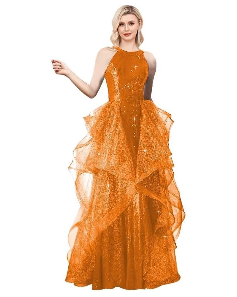 Halter Sequin Prom Dresses with Cape 2024 Sparkly Tulle Ball Gowns Split A Line Wedding Evening Party Dress Orange $45.36 Dre...