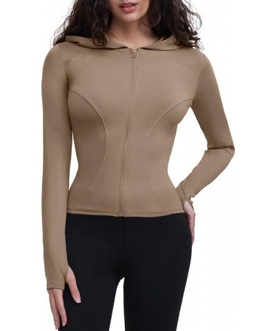 Women's Lightweight Stretchy Workout Full Zip Running Track Jacket with Thumb Holes Style 03 Coffee $15.80 Jackets