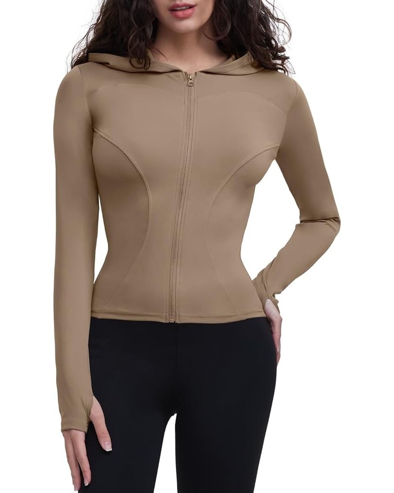 Women's Lightweight Stretchy Workout Full Zip Running Track Jacket with Thumb Holes Style 03 Coffee $15.80 Jackets