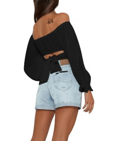 Women's Off The Shoulder Tops Ruffle Long Sleeve Tie Up Back Crop Blouse Top Black $7.27 Blouses