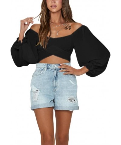 Women's Off The Shoulder Tops Ruffle Long Sleeve Tie Up Back Crop Blouse Top Black $7.27 Blouses