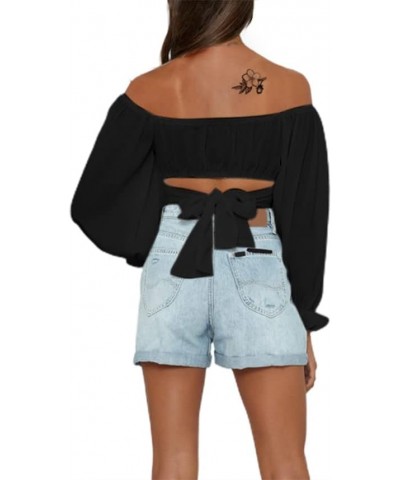 Women's Off The Shoulder Tops Ruffle Long Sleeve Tie Up Back Crop Blouse Top Black $7.27 Blouses