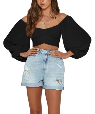 Women's Off The Shoulder Tops Ruffle Long Sleeve Tie Up Back Crop Blouse Top Black $7.27 Blouses